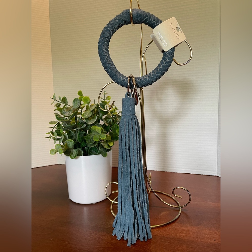 Keychain. Blue Leather Key Ring Bracelet With Tassels. NWT